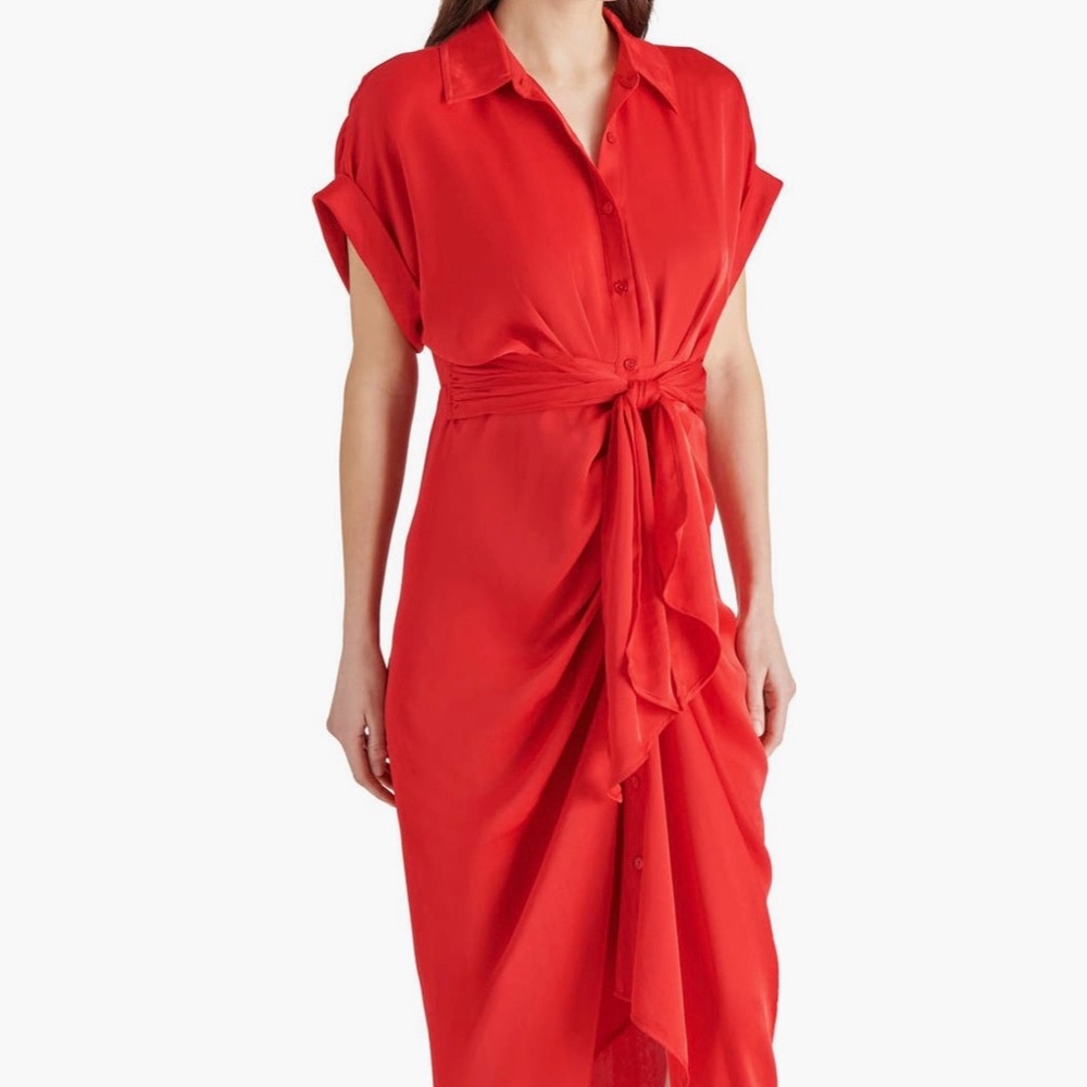 Red Tie Front Midi Dress with Notched Collar